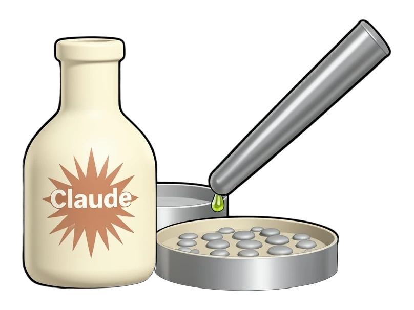 Claude's warm terracotta many-rayed asterisk, large on the front of a solid opaque ceramic lab flask. A thick solid pipette lowers a droplet toward a solid petri dish holding raise