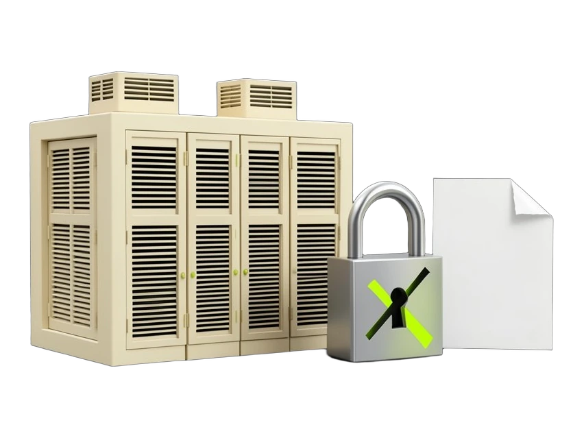 A blocky opaque data-centre building with rows of thick server cabinets, tall ventilation louvres and two rooftop cooling units, seen frontally. A heavy padlock beside it carries a