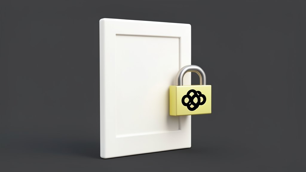 A solid white door panel shut firmly in front of a small charging agent card marked with the black OpenAI Blossom symbol, the interwoven six-loop form, while a blocky closed-padloc
