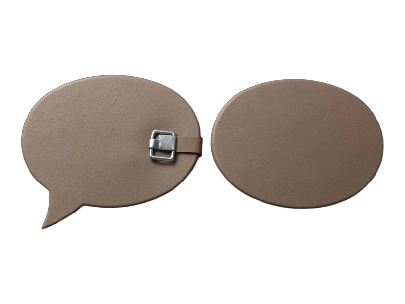 Two thick opaque speech bubbles, one with its opening sealed by a small metal latch