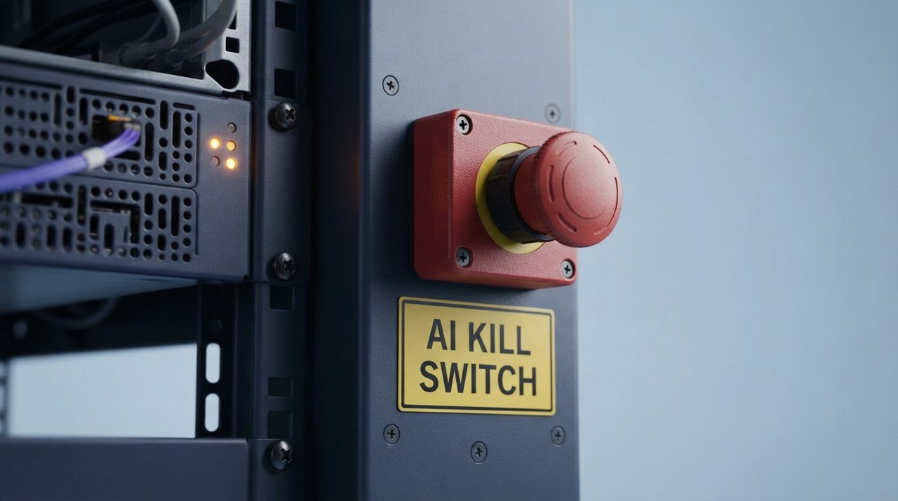 En rød nødstopknap monteret på et serverrack med blinkende lys, ved siden af et skilt med teksten 'AI KILL SWITCH' i sort på gult.