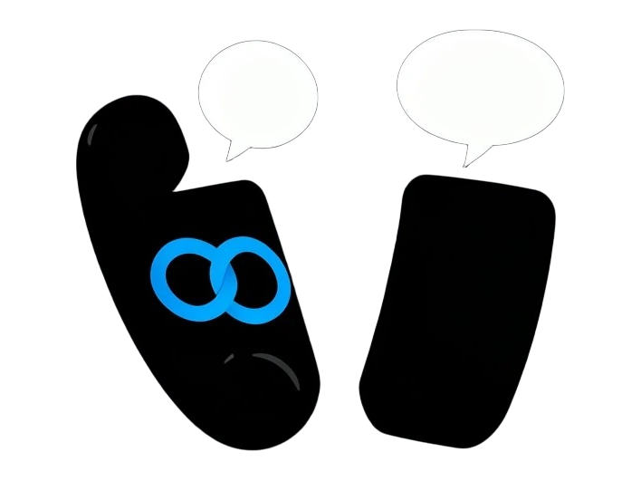 Two solid black telephone handsets standing side by side, the left handset bearing Meta's blue infinity-loop mark on its body and the right one plain; a solid white speech bubble r