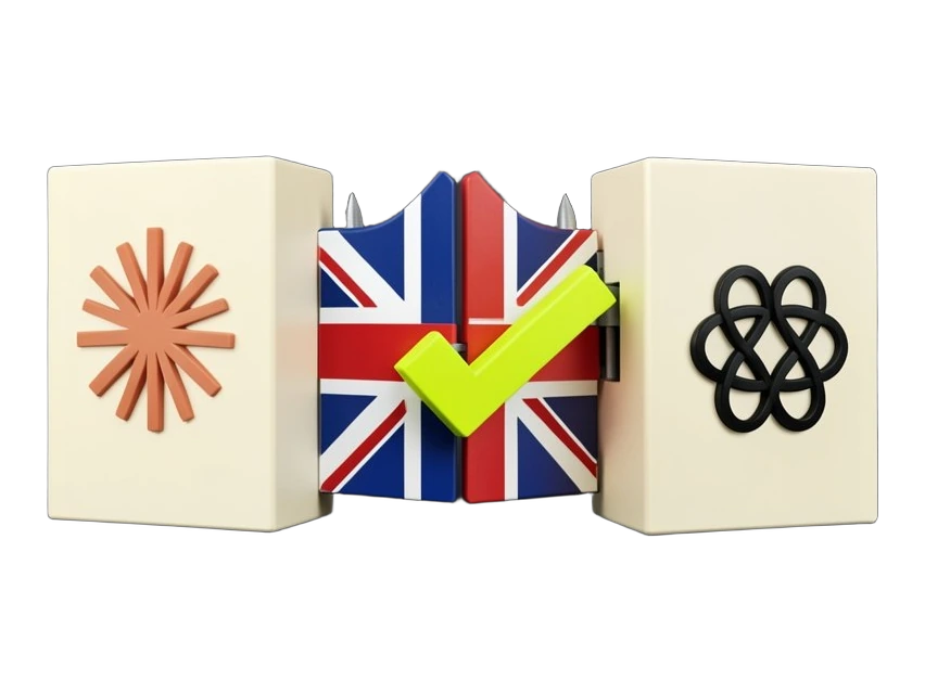 A thick padlocked gate block marked with the UK Union-flag colours of blue, red and white stands in front of two solid model blocks, one bearing Claude's terracotta many-rayed star