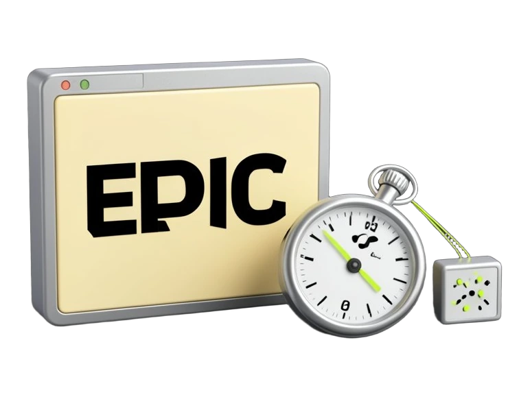 A solid game-launcher window panel with Epic's stylised black letterform mark on it, a stopwatch showing a few seconds ahead of a second smaller launcher panel, and a small AI-code