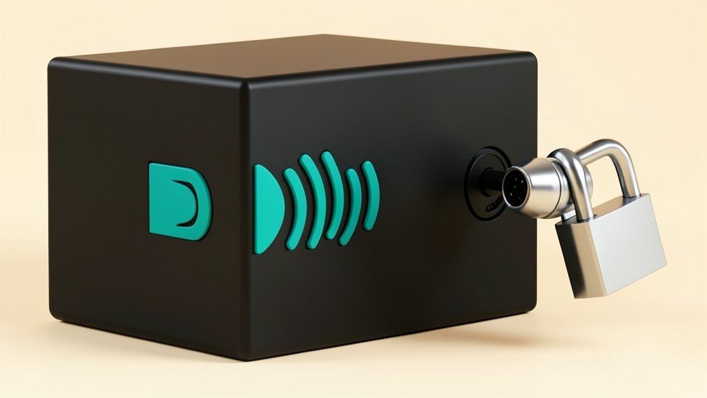 A large solid Deepgram server block with its teal D-shaped soundwave emblem, as a smaller Pipecat cartridge clicks into its side with a thick audio-cable connector; an open padlock