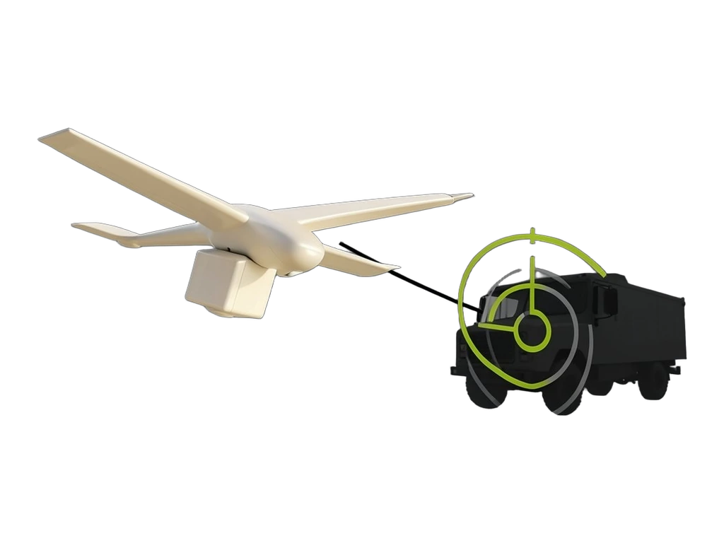 A fixed-wing loitering drone with a solid squared AI module clamped beneath its fuselage flies toward a boxy armoured vehicle silhouette ringed by a heavy target reticle it has loc