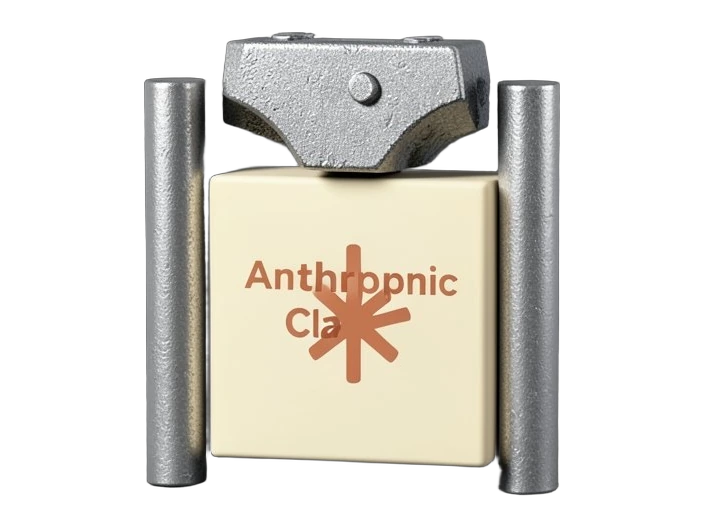 A thick solid rectangular code block whose face bears the intact Anthropic Claude mark, a warm terracotta-orange many-rayed asterisk about a quarter of the block's width. The block