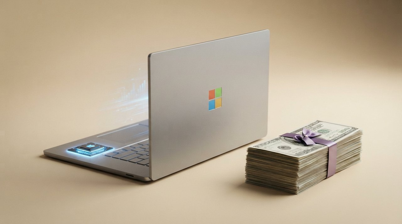 En bunke grønne dollarsedler stablet ved siden af en bærbar computer med Microsofts logo og et AI-chip, der lyser blåt.