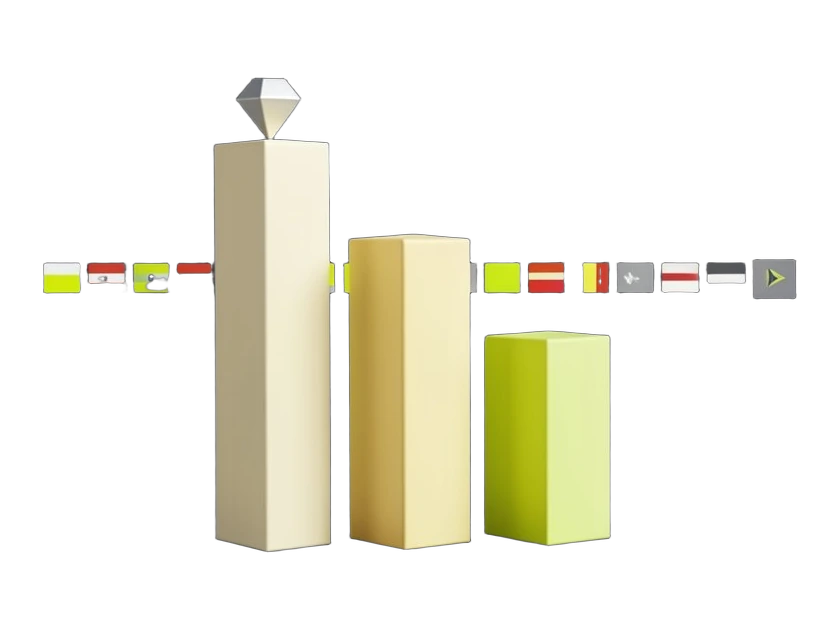 Three solid upright bar columns of clearly different heights, the tallest first and the shortest last, with a small solid marker diamond resting on top of the tallest column, and a