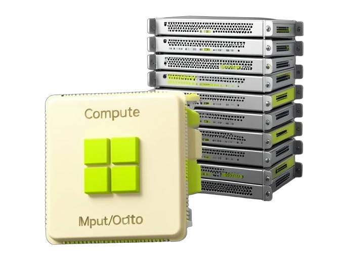 A square Microsoft chip package with the four-colour Microsoft square logo sits in the foreground, separated into three distinct chiplet blocks showing compute, memory and input/ou