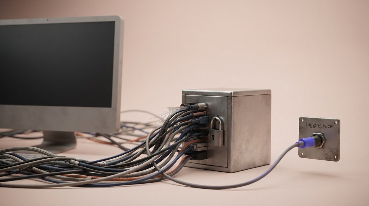 En tom computerskærm med en labyrint af kabler, der fører ud af en låst metalboks – en enkelt kabelender stikker ind i en stikkontakt med teksten 'Hugging Face'