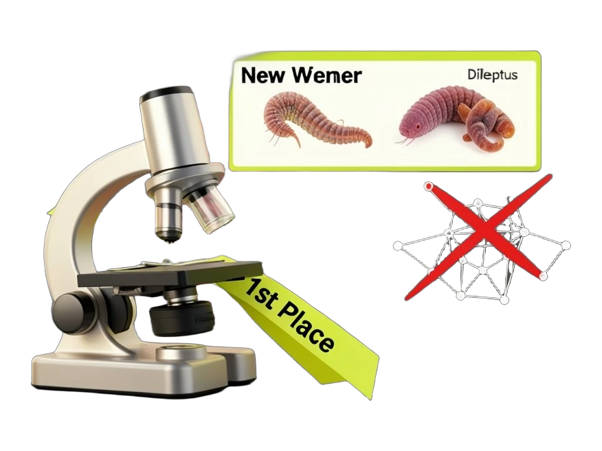 A microscope with a first-place ribbon being moved away from a screen showing cilia structures, while a new label with a roundworm and Dileptus organism takes the top spot. A neura